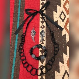 Women’s Black & Silver Coordinated Necklace • Bracelet • Winged Earring Set